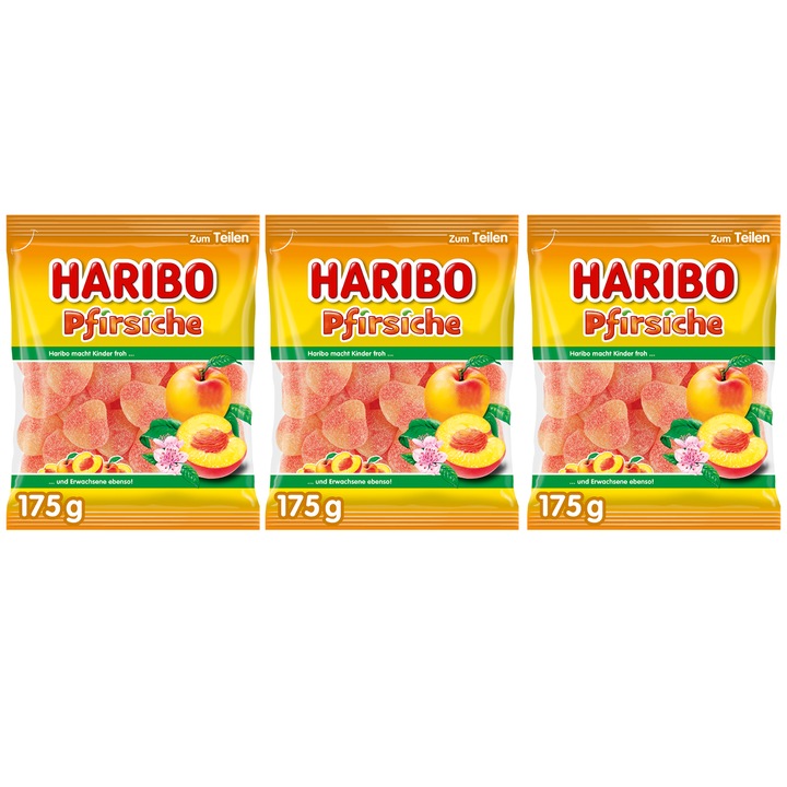 Bomboane jeleu, Haribo, Pfirsiche, set 3 bucati, 175 g per pachet