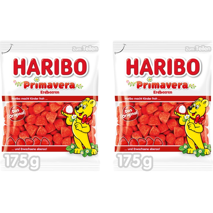 Bomboane jeleu, Haribo, Primavera Erdbeeren, aroma de capsuni, 175 g, Set 2 bucati