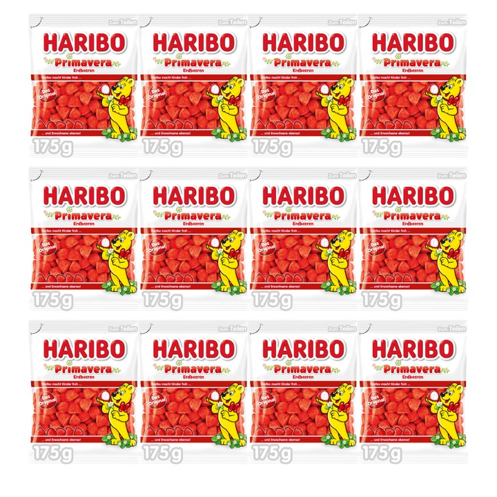 Bomboane jeleu, Haribo, Primavera Erdbeeren, set 12 bucati, 175 g per pachet, aroma de capsuni