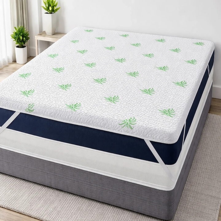 Topper Aloe Vera Fresh Waterproof TextiLici – 3.5 cm, Microfibra Matlasata, Husa Detasabila, Waterproof, Burete Interior, 160 x 200 cm