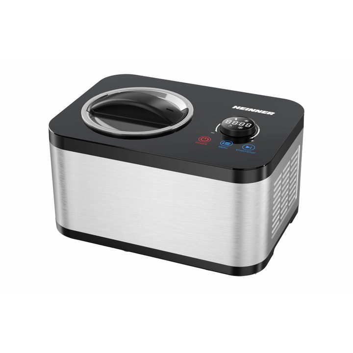 Heiner SweetFreeze HICM-DW154SSBK fagylaltkészítő, 120 W, Űrtartalom: 1,5 l, LED kijelző, időzítő, érintésvezérlés és forgógomb, beépített kompresszor, funkciók: fagylalt, joghurt, keverés, hűtés, kivehető fagylalttál, Fekete/rozsdamentes acél
