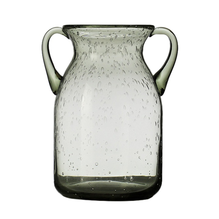 Vaza decorativa albastra, sticla suflata manual, cu doua manere, 25x15cm