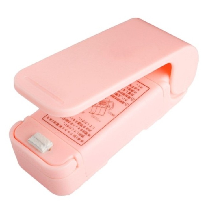 Mini aparat pentru sigilat pungi alimentare, etansare termica rapida, portabil cu spate magnetic, alimentare baterii AA, 9.7 x 3 cm, roz