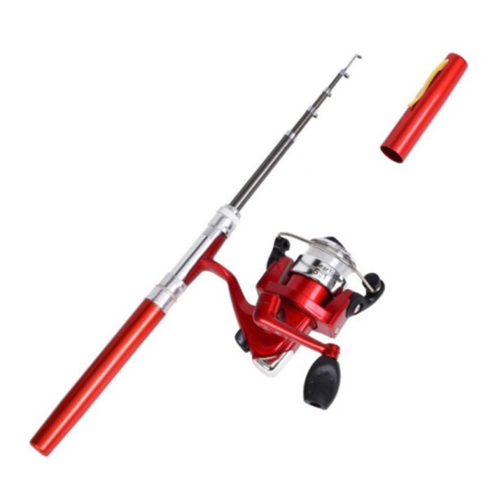 Lanseta telescopica compacta portabila cu mulineta, negru, dimensiuni compacte