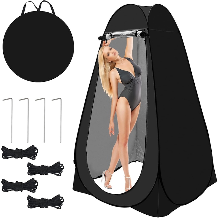 Cort de dus, Simply Joy, Cort tip Cabina de dus pentru Camping, vestiar, toaleta, Accesorii camping si drumetii, Design cu doua ferestre, Rezistenta la vant, Geanta de depozitare, cui de podea, Tesatura acoperita cu argint, 120 x 120 x 190 cm
