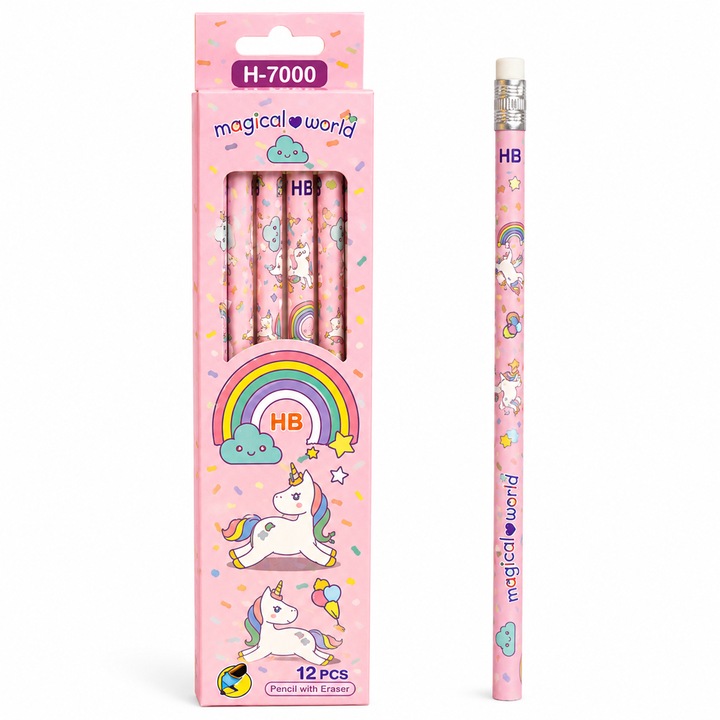 Set 12 creioane grafit HB cu model unicorn, creioane colorate pastel pentru scoala, creion din lemn pentru scris, desen si schite, rechizite copii