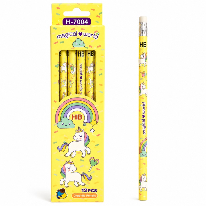 Set 12 creioane grafit HB cu model unicorn, creioane colorate pastel pentru scoala, creion din lemn pentru scris, desen si schite, rechizite copii