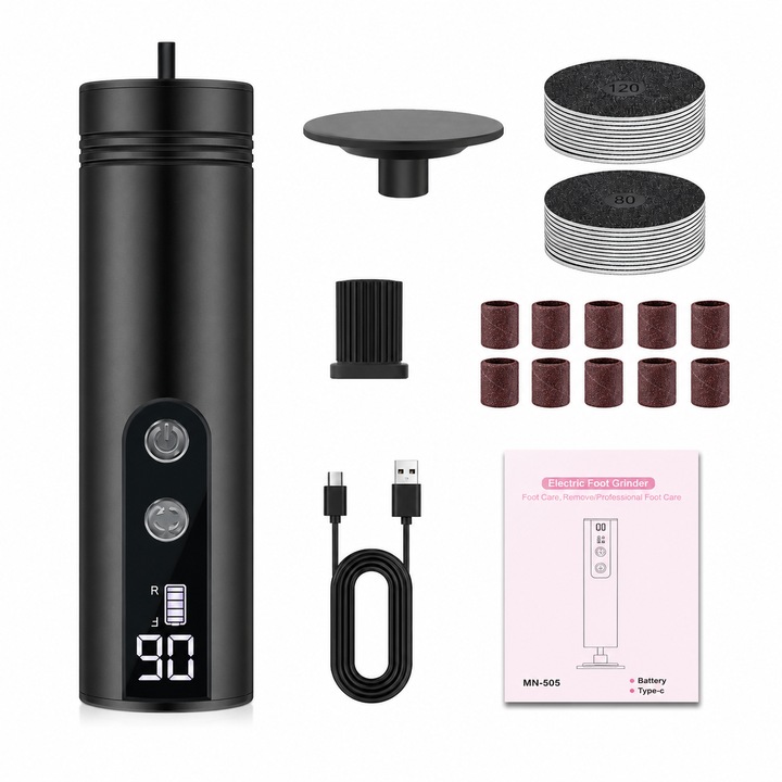 Elektromos láb- és körömreszelő, LCD kijelző, 9 sebességfokozat, Töltés, Type-C, 2000mAh akkumulátor, 1000 RPM, Kétirányú forgás, 30 tartozék, Alumínium ház, Fekete
