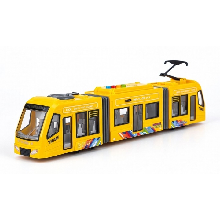 Tramvai Galben cu Usi care se Deschid, Frictiune, Sunete si Lumini 1:16, Jucarie Interactiva Realistica pentru Copii, Vehicul Urban cu Efecte Luminoase si Sonore, Calatorie prin Oras