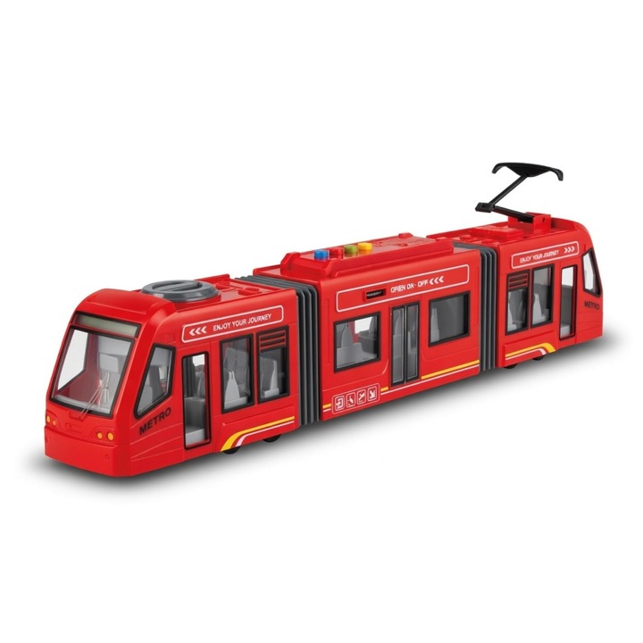Tramvai Rosu cu Usi care se Deschid, Frictiune, Sunete si Lumini 1:16, Jucarie Interactiva Realistica pentru Copii, Vehicul Urban cu Efecte Luminoase si Sonore, Calatorie prin Oras