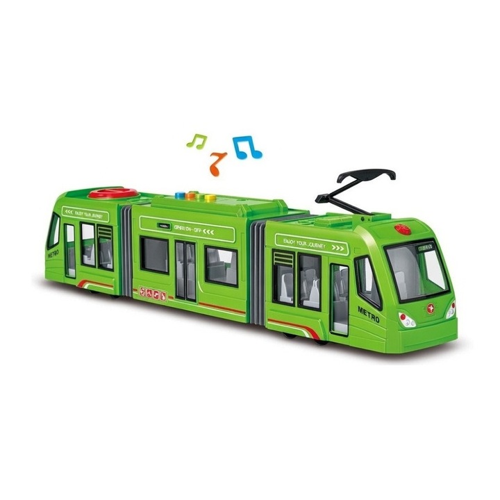 Tramvai Verde cu Usi care se Deschid, Frictiune, Sunete si Lumini 1:16, Jucarie Interactiva Realistica pentru Copii, Vehicul Urban cu Efecte Luminoase si Sonore, Calatorie prin Oras