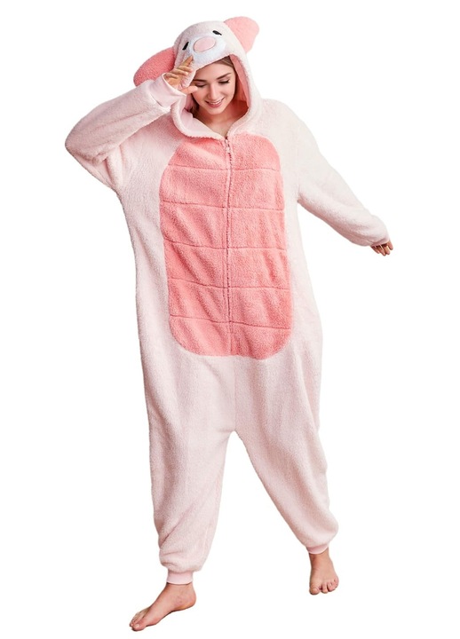Pijama tip salopeta Laahoem, Model Porc, Cu gluga, Unisex, Cosplay, Plus moale, Marime S, culoare Roz