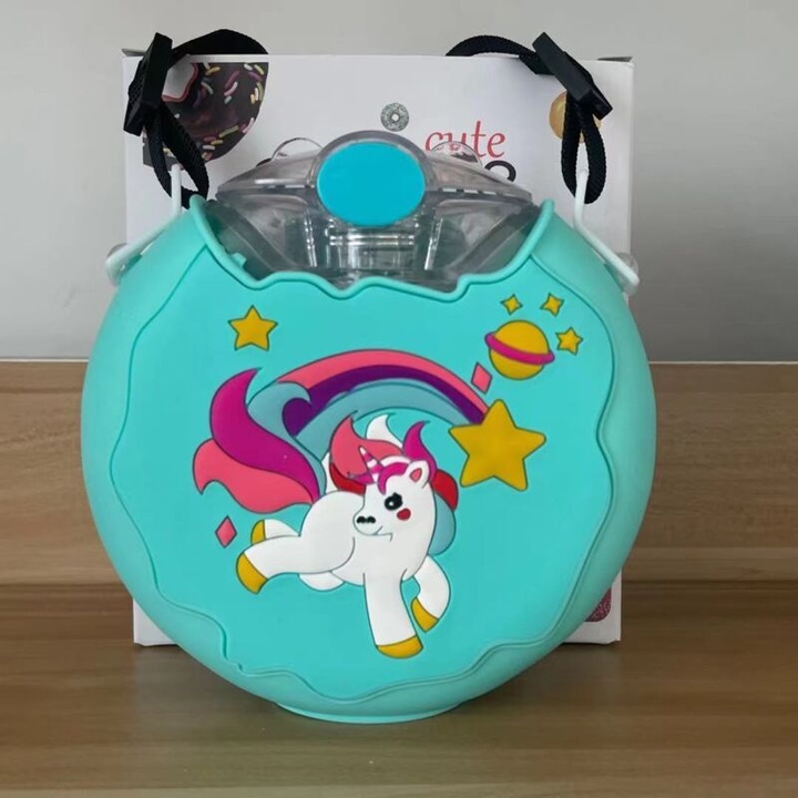 Sticla apa 380ml donut, cu pai, etansa, cu bretea ajustabila, roz