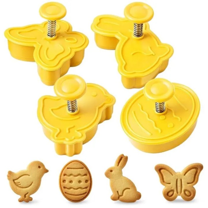 Set decupatoare pentru biscuiti cidiscount-xKx-260805-213, din plastic alimentar, 3D cu mecanism cu arc si buton ejector (iepure, gaina, ou, fluture), galben, 4 buc., dimensiuni aprox. 3.5–5 x 3.5–4.5 cm