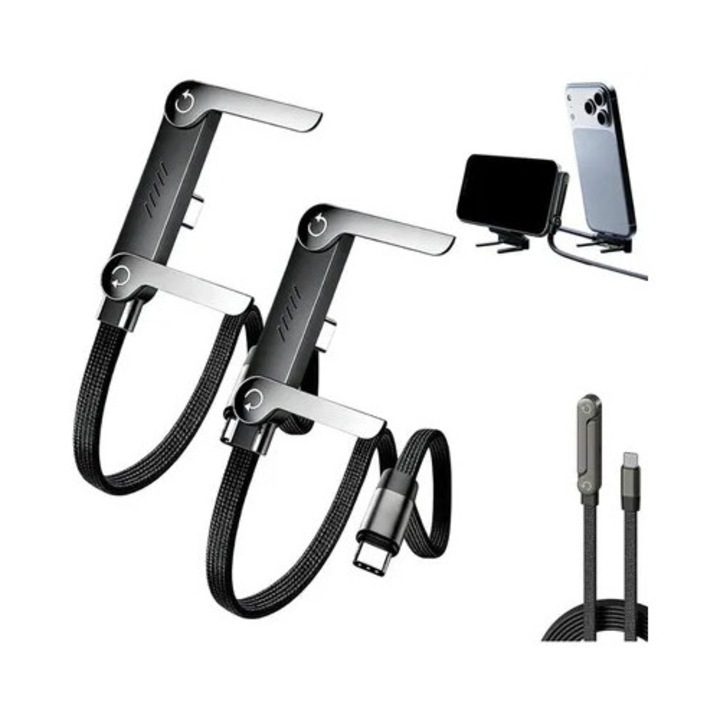 Cablu incarcator 2-in-1, 240W, suport integrat, nylon, 1.5m, set 2 bucati