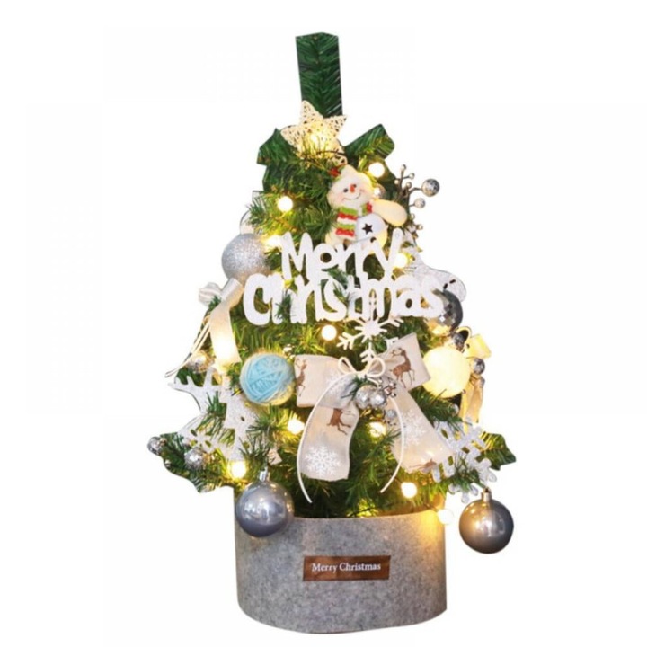 Brad de Craciun mini 60cm LED alb cu ornamente rosu auriu