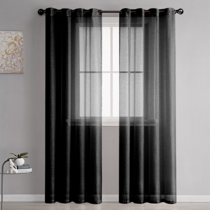 Perdea semi-transparenta din in, 1 panel, negru, 100x250cm