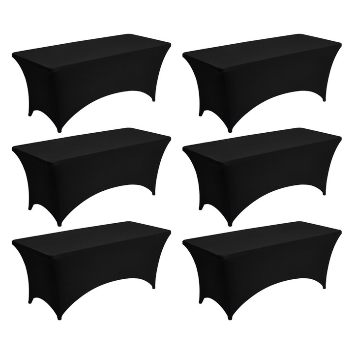 6 db fekete spandex asztalterítő szett, strapabíró, 183x76x76cm, téglalap alakú asztalokhoz