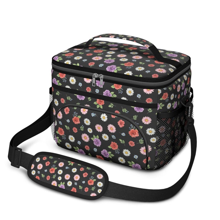 Geanta termoizolanta pentru pranz floral, 10x6.7x8 inch, multicolor, capacitate 9L, curea reglabila