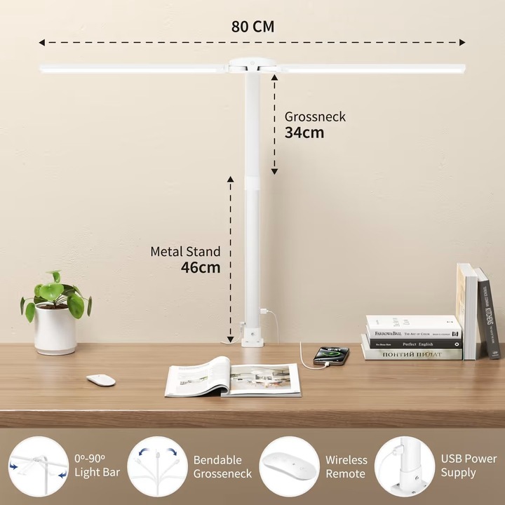 Kary LED asztali lámpa, állítható, csíptetős, 24W-os duplafejes asztali lámpák USB porttal és távirányítóval, 5 szín és állítható fényerő munkához, otthonra, irodába
