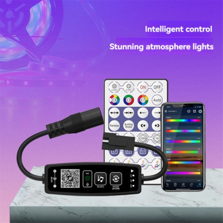 Контролер LED Bluetooth за ленти WS2811 WS2812B, черно-бял, 12-24V, 144W, 40м