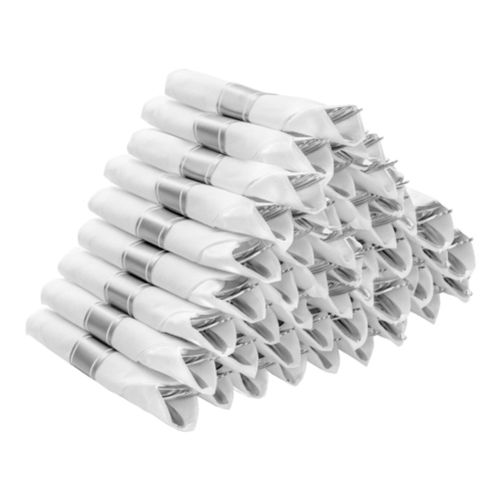 Set tacamuri din plastic argintiu pre-rulat cu servetele albe