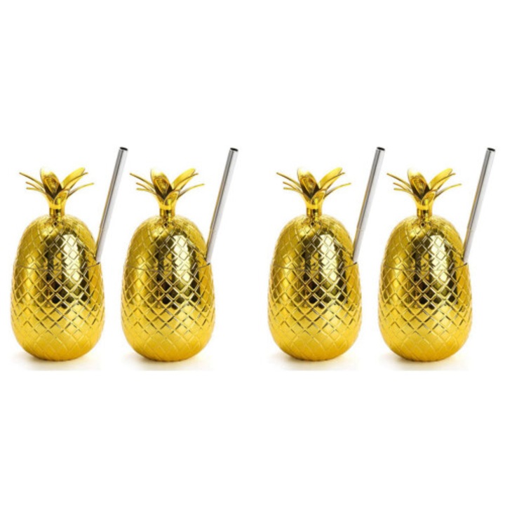 Set 4 pahare ananas, 450ml, auriu, 19.5x9.5cm, cu pai