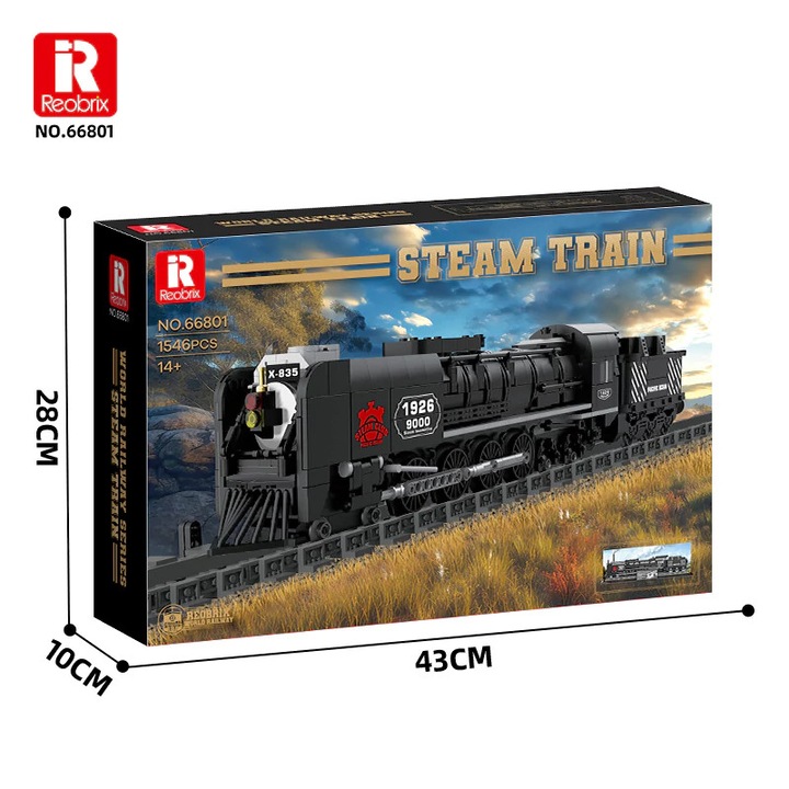 Set blocuri de constructie Macheta Tren cu Aburi Big Boy Steam Locomotive, piesa de colectie cu panou de fundal inclus, vagon aprovizionare si mecanism functional, lungime 57 cm, cadou adulti si copii 14+, 1.546 piese ABS, Reobrix 66801