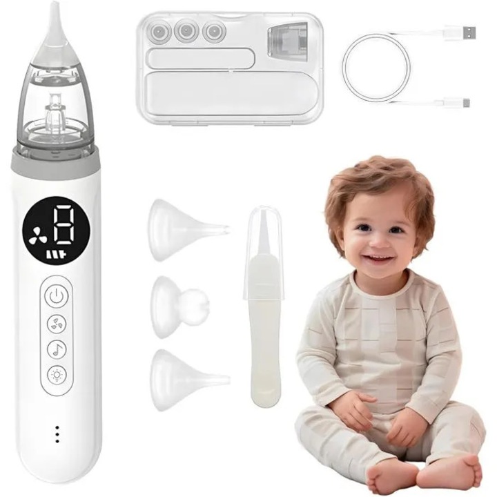 Elektromos orrszívó babáknak, 3 fokozat, 3 szilikonhegy, fehér, 220g