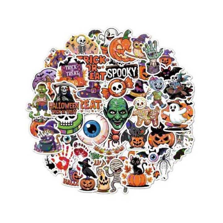 50 db többszínű, tartós Halloween dekorációs matrica készlet, 10x15cm