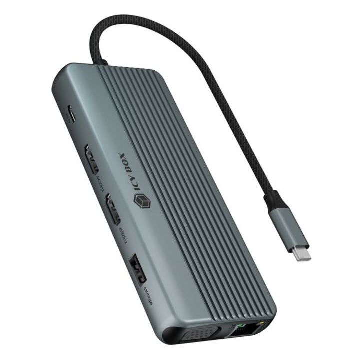 Докинг станция Raidsonic IB-DK4062-CPD, 12 в 1, сива, USB-C, HDMI, VGA, RJ45, 3.5mm, 298118