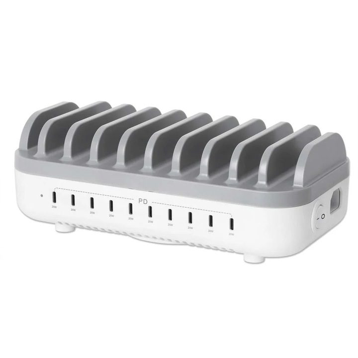 Statie incarcare Manhattan 10 porturi USB-C 200W gri