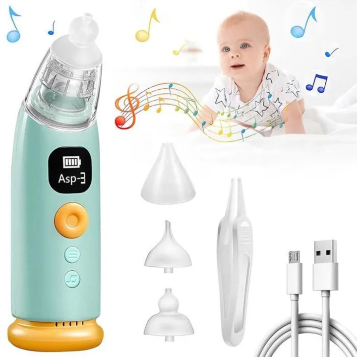 Aspirator nazal electric pentru bebelusi, 3 niveluri aspirare, muzica/lumini, 3 capete schimbabile