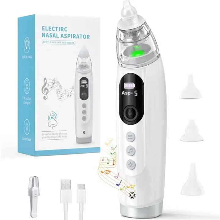 Aspirator nazal pentru bebelusi, 5 trepte, muzica si lumina, 3 varfuri silicon, alb