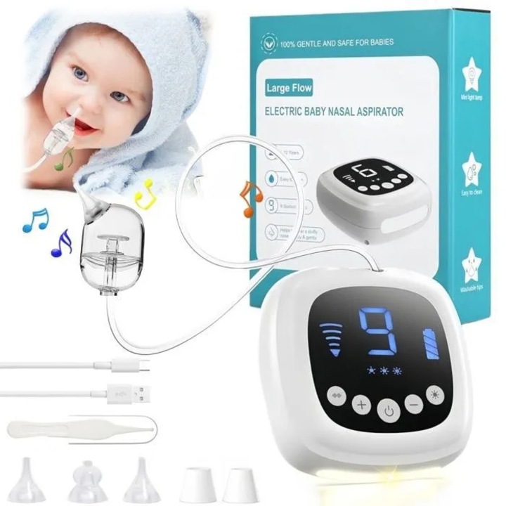 Aspirator nazal electric, 9 niveluri, 5 varfuri silicon, alb