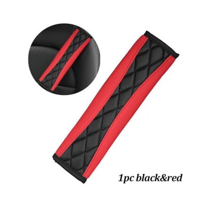 Husa protectie centura siguranta auto, piele PU, negru/rosu, 230x160x2mm