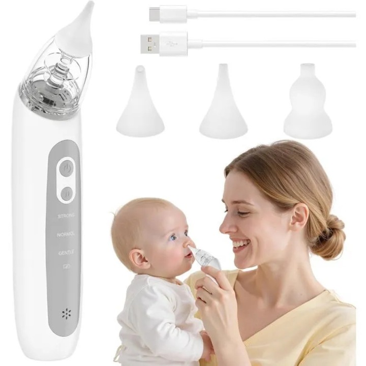 Aspirator nazal electric pentru bebelusi, cu 3 varfuri, silicon, reincarcabil, alb