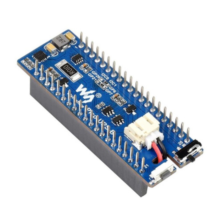 UPS modul Raspberry Pi Pico-hoz, stabil tápellátás, akkumulátor felügyelet, kék, 62x21mm