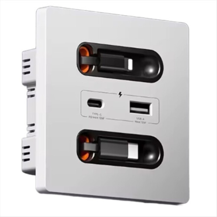 Универсален стенен контакт с прибиращ се USB-A USB-C кабел, бял, 12W