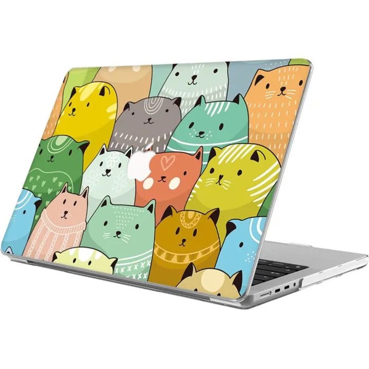 Husa laptop 14 inch, design pisica, multicolor, antiderapanta, ventilata
