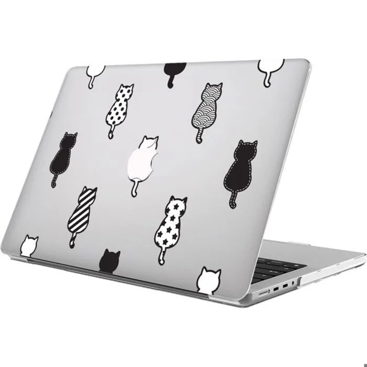 Husa protectoare laptop 13 inch, ultra subtire, model pisici alb-negru, negru, 13 inch