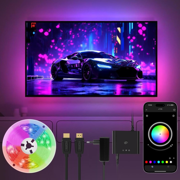 Banda LED HOTUT 5m, Iluminare TV 45-75 inch, Sincronizare HDMI, Music Sync, Bluetooth, RGBIC Ambilight, Control App