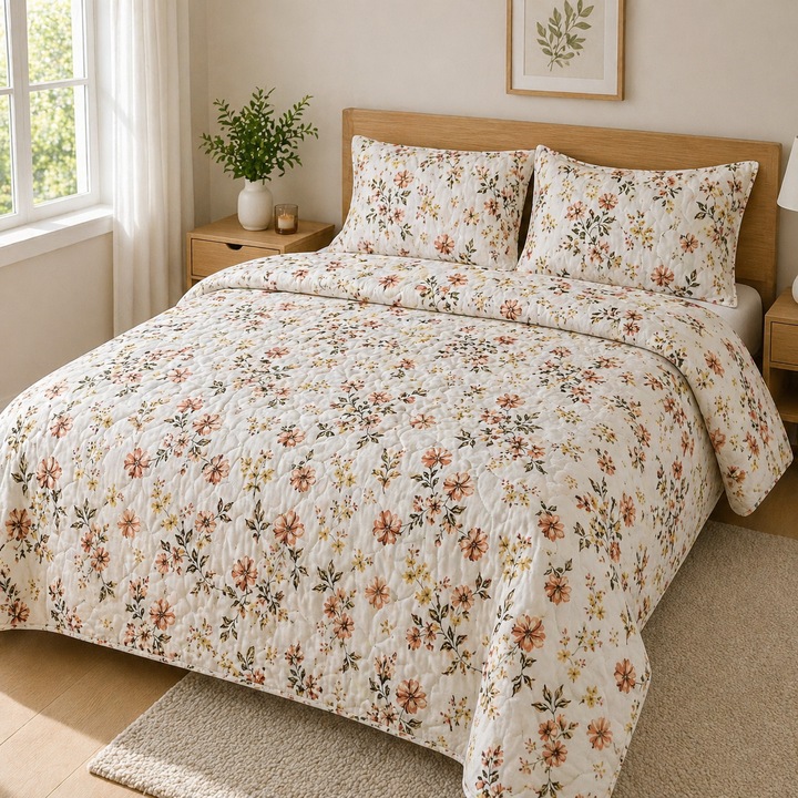 Cuvertura pentru pat dublu Kotonia Home - matlasata prin coasere, dimensiunea 200x230 cm si fete perna 50x70 cm, decor floral