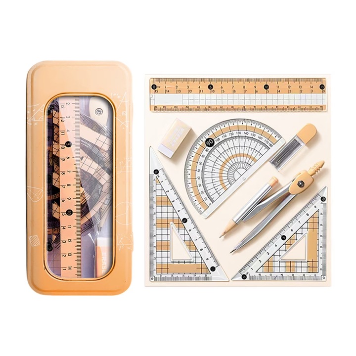 Set de geometrie format din 8 piese, Fain Mioritic®，inclusiv busola, rigla, radiera, Mina de creion，organizator metalic, unelte de desen si masurare, papetarie pentru elevi，portocaliu