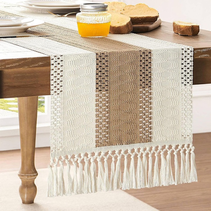 Omelivon boho makramé rojtok asztalterítő, fehér bézs 30x220cm