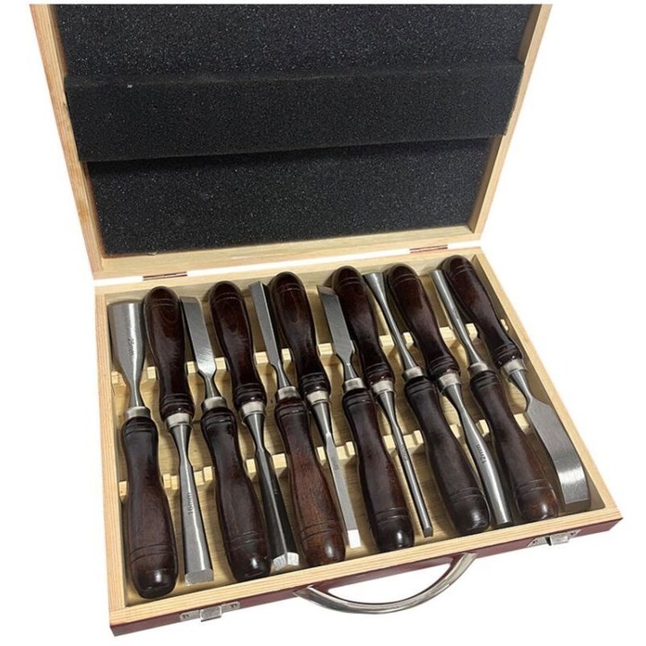 Set 12 dalti sculptura lemn, otel, maner lemn, 220mm