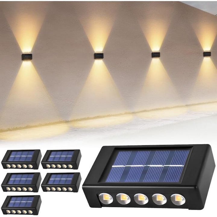 Комплект от 6 соларни стенни лампи, 10 LED, осветление нагоре-надолу, IP44, черен, за външно ползване