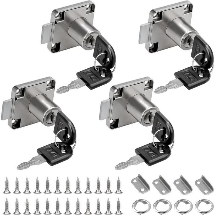 Set 4 incuietori sertar, 22mm, otel inoxidabil, chei incluse, 40x40mm