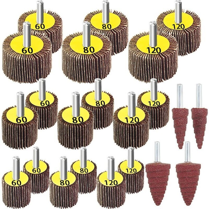 Set 18 discuri abrazive flap sander, 60 80 120 grit, multicolor, 40x25x6mm 30x25x6mm 25x25x6mm