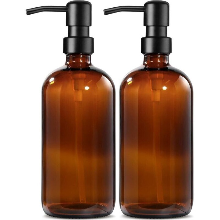 Set 2 Dispensere sapun sticla ambra 480ml pompa inox negru mat